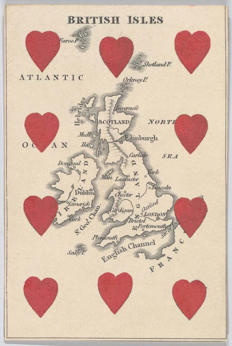 British Isles, from "Court Game of Geography" by William and Henry Rock, print, 1838-1855