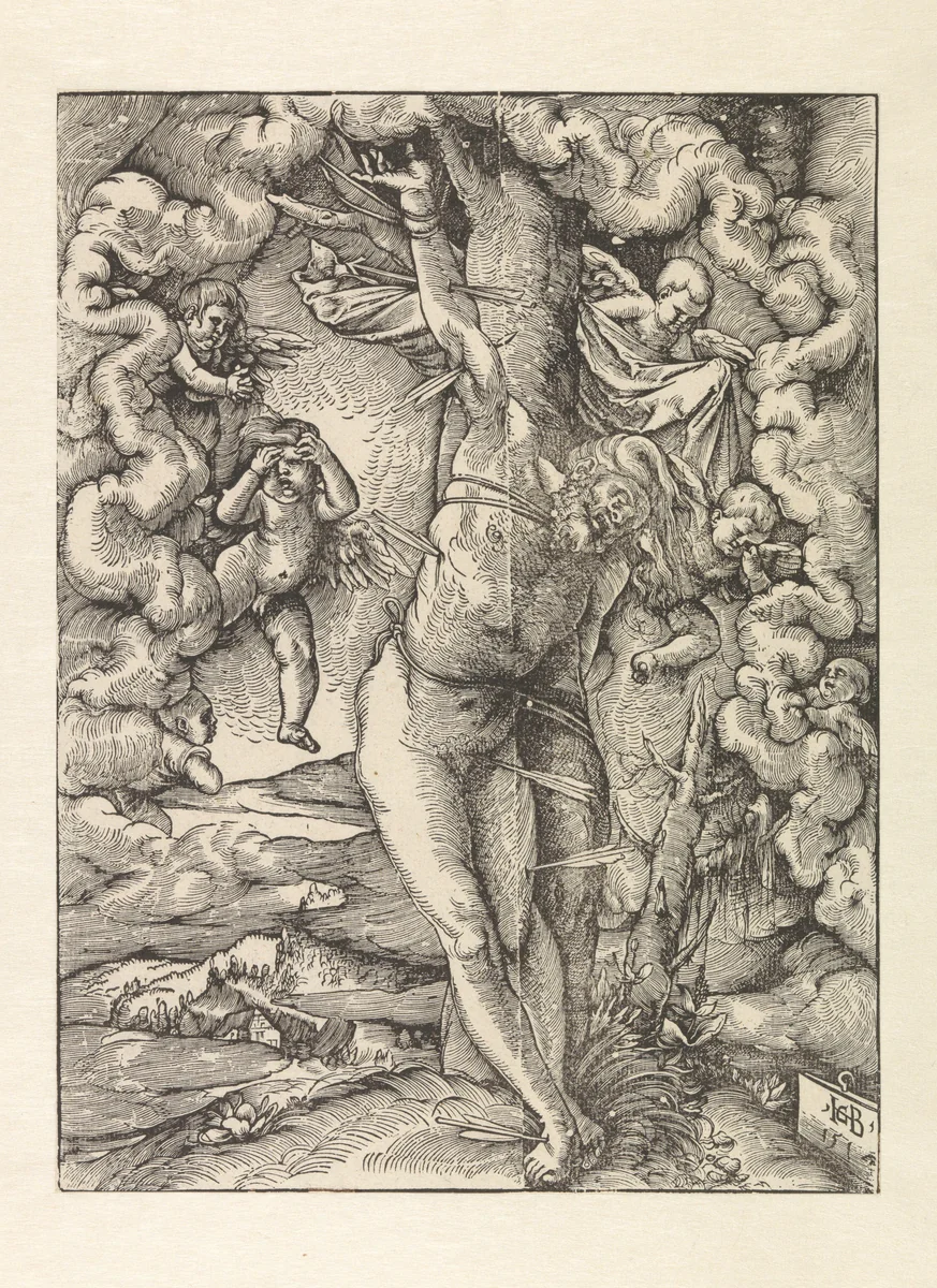Sebastiaan vastgebonden en met pijlen in zijn lichaam by Unknown, print, 1514