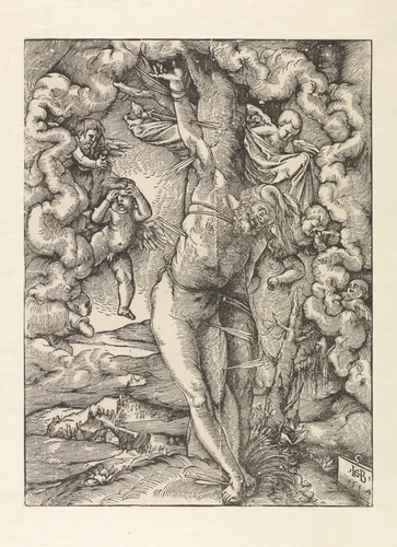 Sebastiaan vastgebonden en met pijlen in zijn lichaam by Unknown, print, 1514