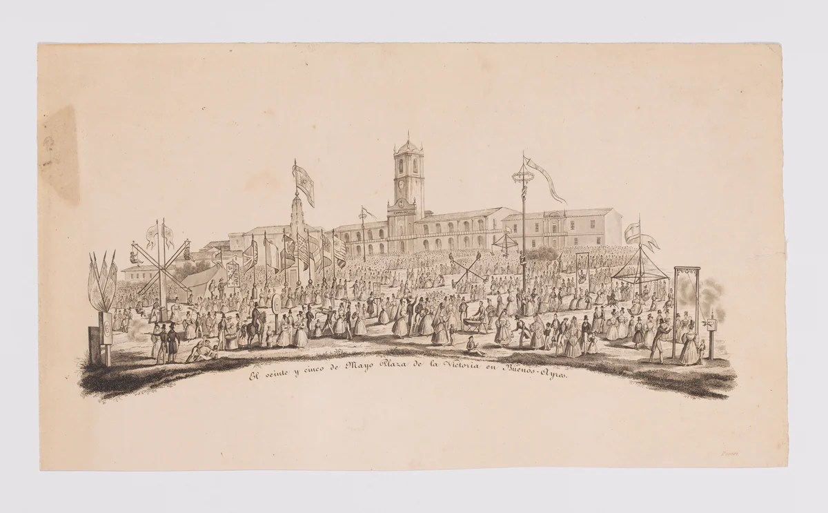 Fan leaf depicting the fair at Buenos-Ayres by anonymous, print, 1800-1899