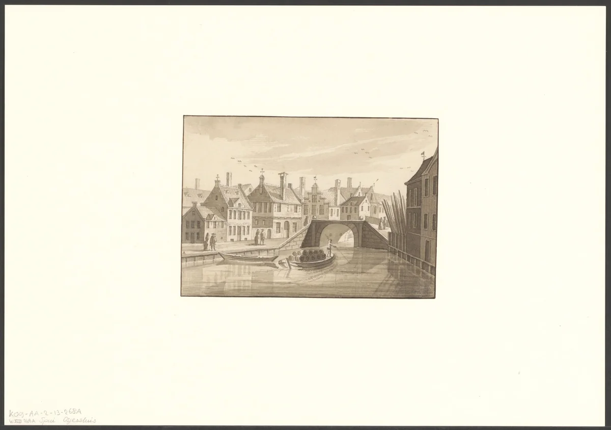 Gezicht op het Spui gezien vanaf het Rokin naar de Osjessluis by anonymous, drawing, 1700-1799