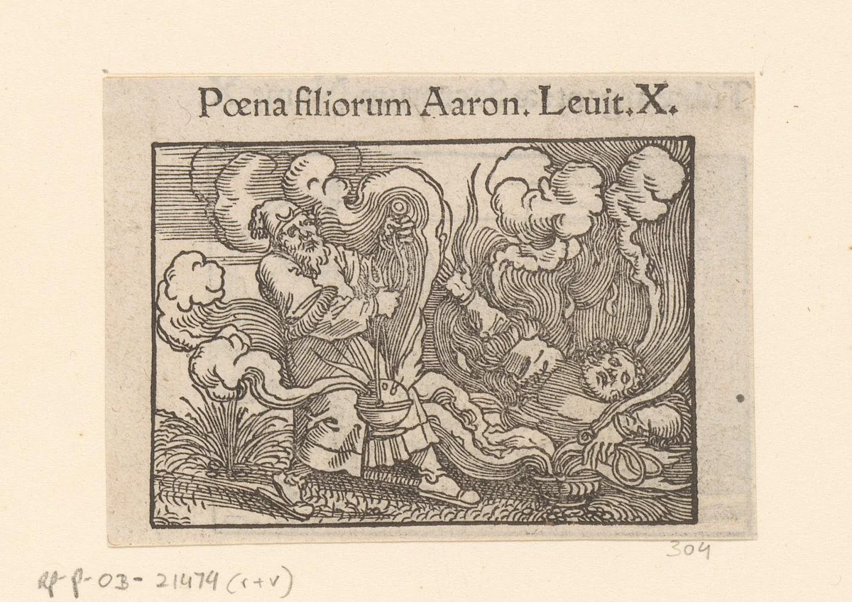 Nadab en Abihu worden gedood door vuur by anonymous, print, 1530-1533
