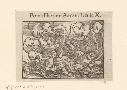 Nadab en Abihu worden gedood door vuur by anonymous, print, 1530-1533