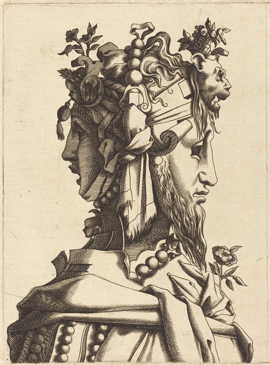 Bust of a Woman in an Extravagant Costume by René Boyvin, print, 1500-1599