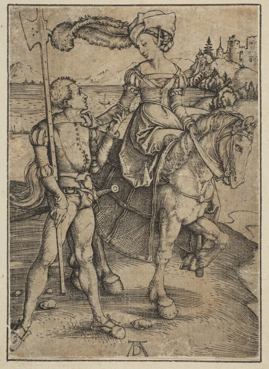 The Lady on Horseback and the Lansquenet by Albrecht Dürer, print, 1497