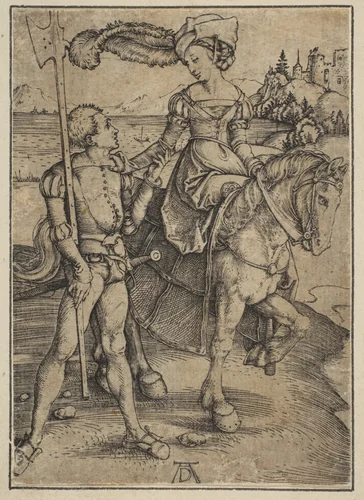 The Lady on Horseback and the Lansquenet by Albrecht Dürer, print, 1497