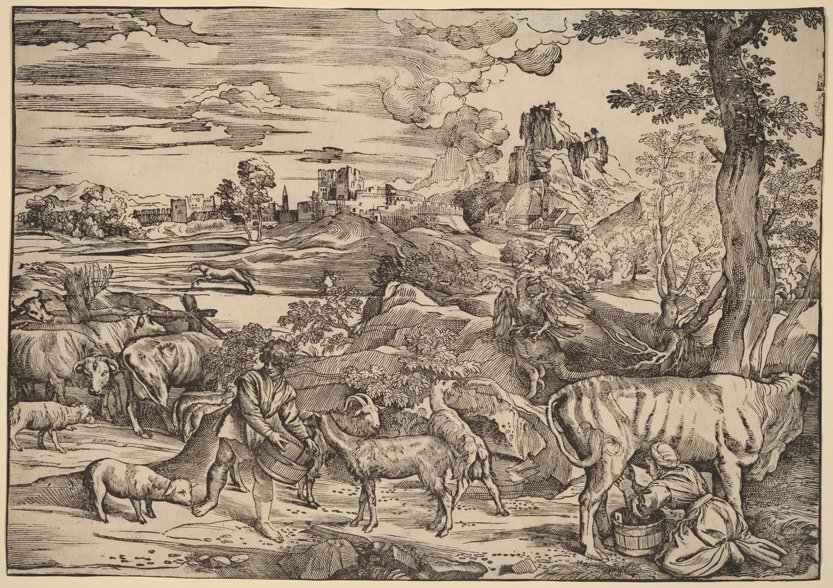 Landscape with a Milkmaid by Nicolò Boldrini, print, 1530-1540
