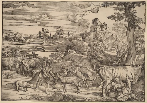 Landscape with a Milkmaid by Nicolò Boldrini, print, 1530-1540