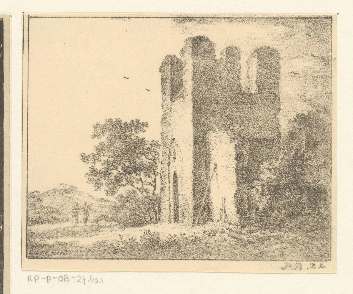 Ruïne met twee figuren by Pieter Bartholomeusz. Barbiers, print, 1809-1837