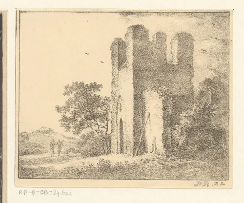 Ruïne met twee figuren by Pieter Bartholomeusz. Barbiers, print, 1809-1837