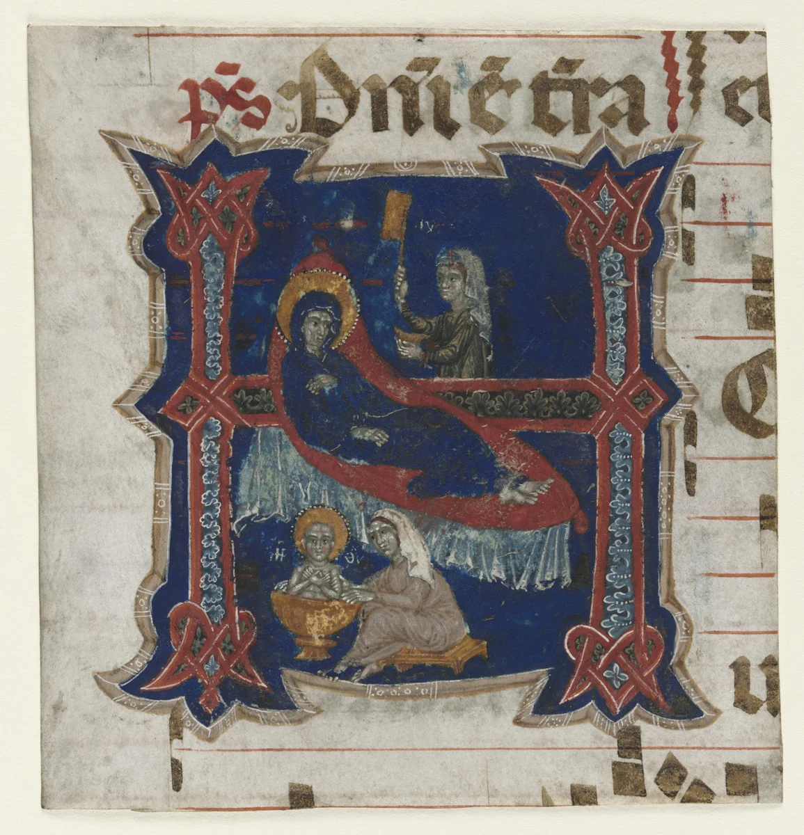 Fragment of a Choir Book with Historiated Initial (H): Birth of the Virgin by Unknown, manuscript, 1200-1299