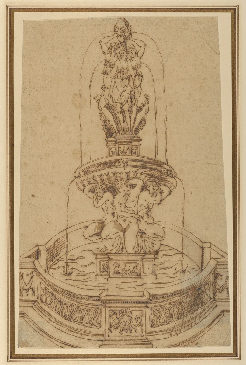 Design for a Fountain with the Three Graces by Jacques Androuet du Cerceau, drawing, 1565-1575
