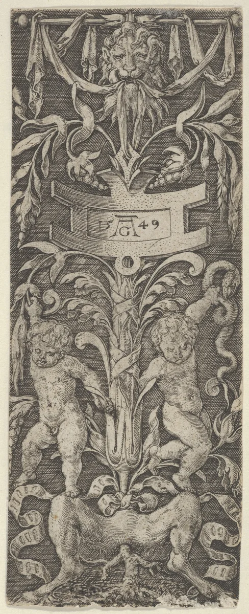 Panel of Ornament with Two Nude Boys Standing on the Legs of a Satyr by Heinrich Aldegrever, print, 1549