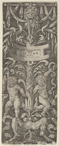 Panel of Ornament with Two Nude Boys Standing on the Legs of a Satyr by Heinrich Aldegrever, print, 1549