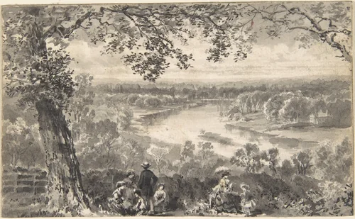View of the Thames with Figures in Foreground by David Octavius Hill, drawing, 1820-1870