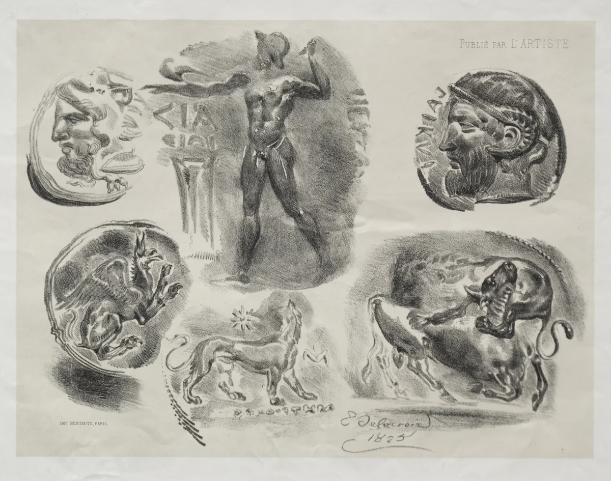 Sheet with Six Antique Medals by Eugène Delacroix, print, 1825