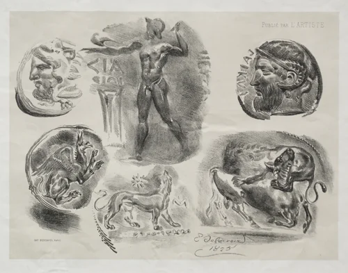Sheet with Six Antique Medals by Eugène Delacroix, print, 1825