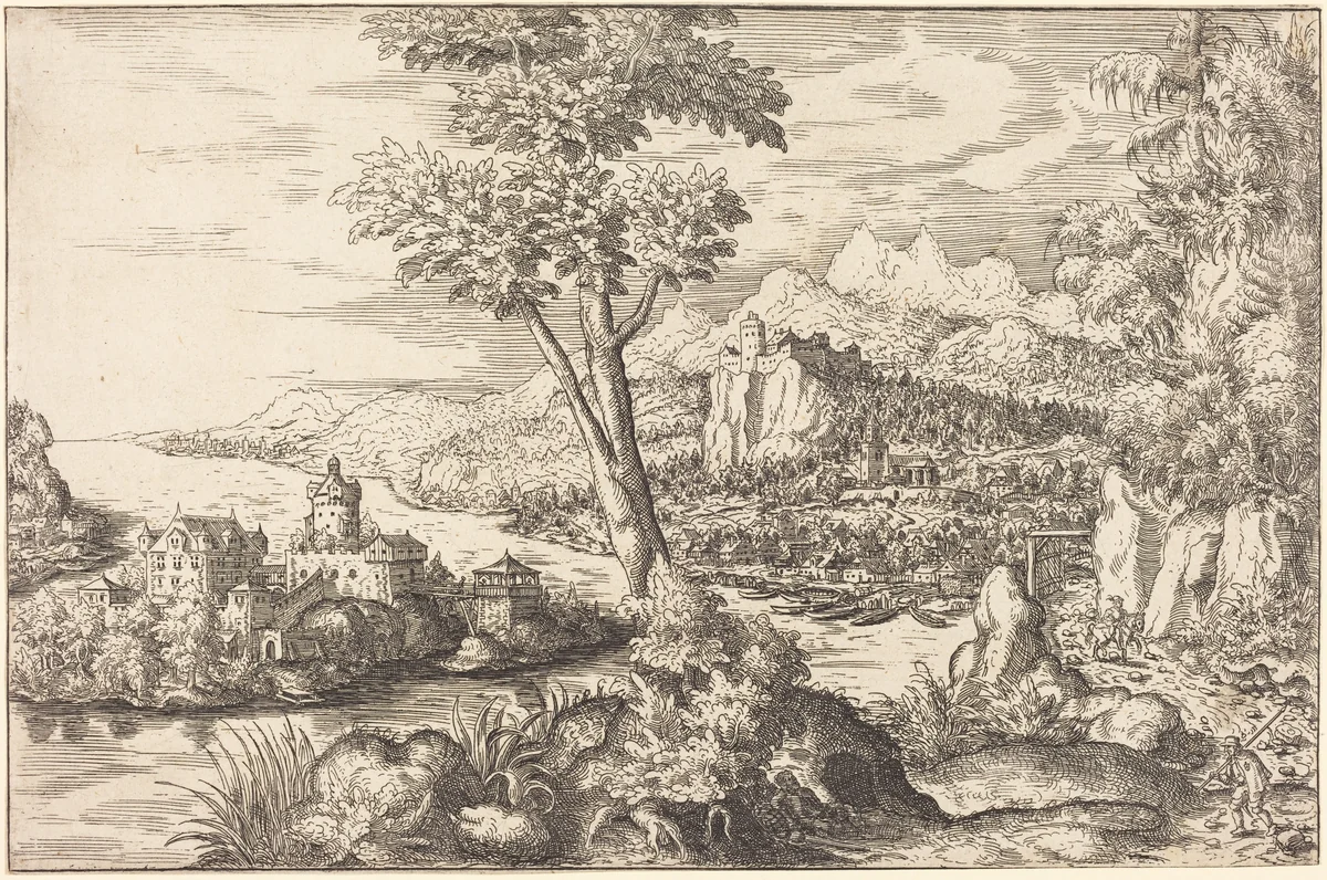 Landscape with Three Men by Hanns Lautensack, print, 1558-1559