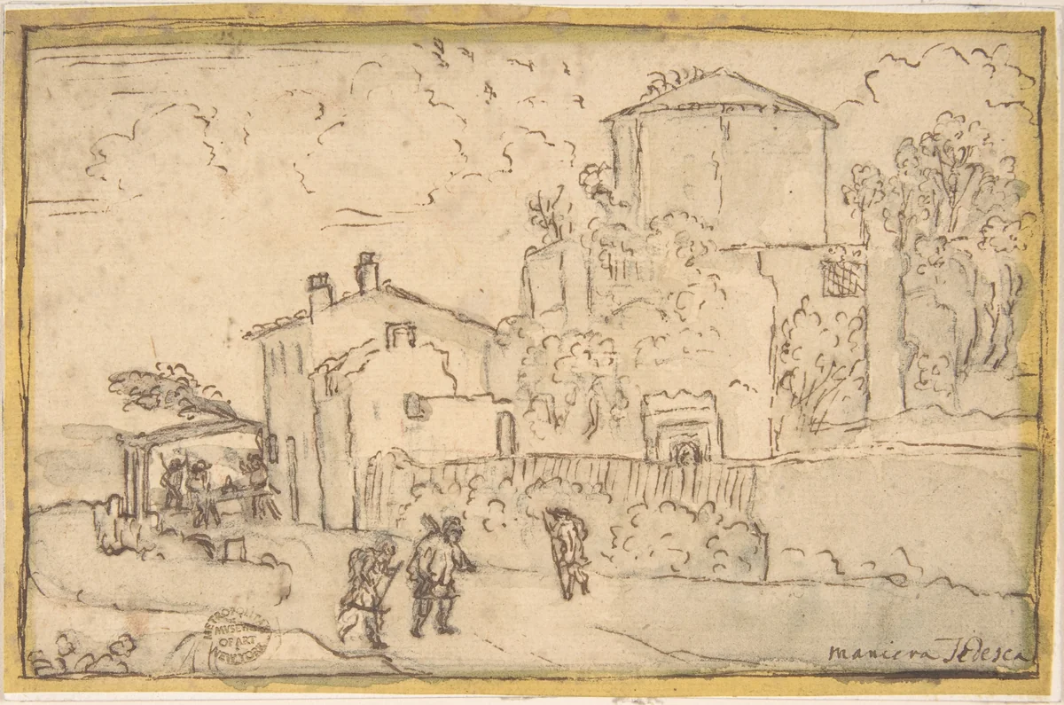 Townscape with an Inn by anonymous, drawing, 1600-1699