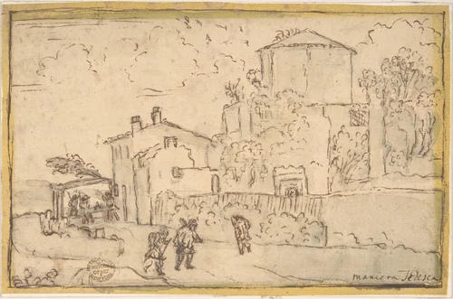 Townscape with an Inn by anonymous, drawing, 1600-1699