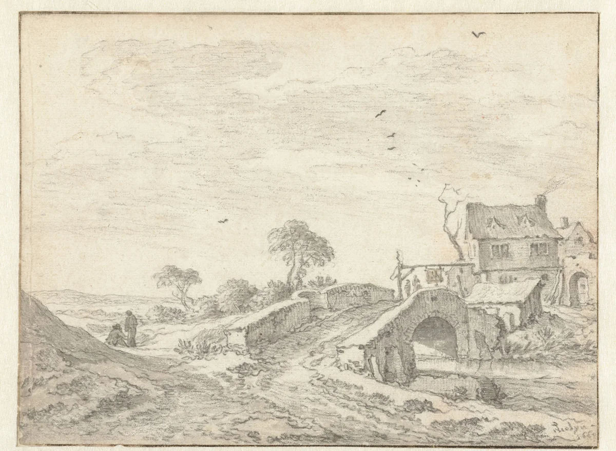 Stenen brug bij een herberg by Pieter de Molijn, drawing, 1660