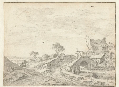 Stenen brug bij een herberg by Pieter de Molijn, drawing, 1660