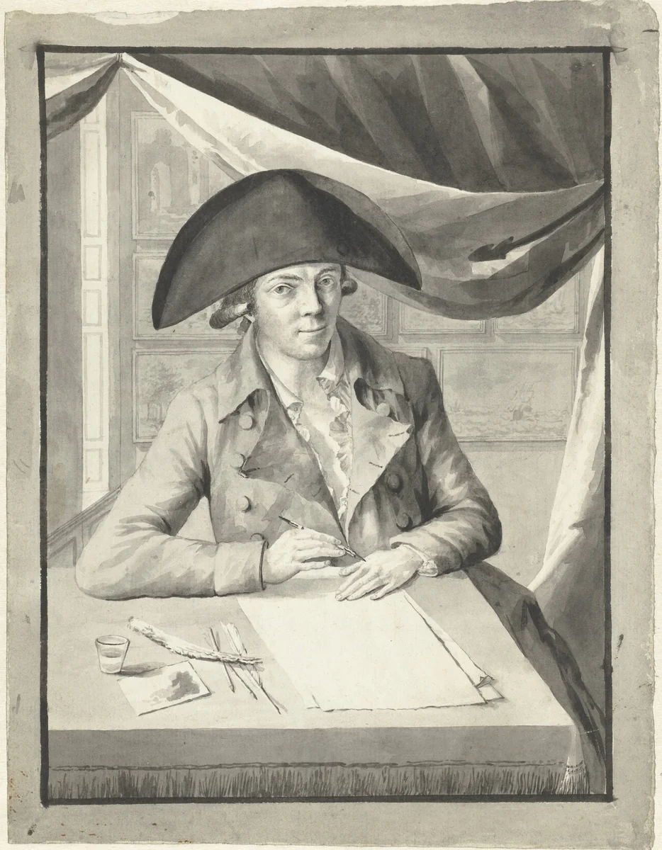 Zelfportret van Hendrik Kuipers, zittend achter een tafel, tekenend by Hendrik Kuipers, drawing, 1790-1800