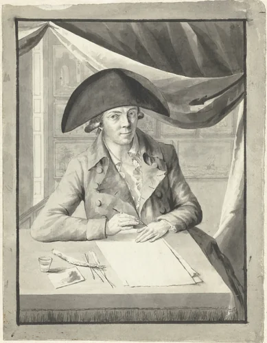 Zelfportret van Hendrik Kuipers, zittend achter een tafel, tekenend by Hendrik Kuipers, drawing, 1790-1800