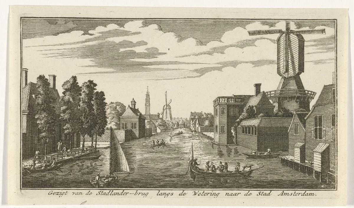 Gezicht langs de wetering op Amsterdam by Gerardus Condet, print, 1725-1764