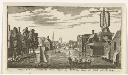 Gezicht langs de wetering op Amsterdam by Gerardus Condet, print, 1725-1764