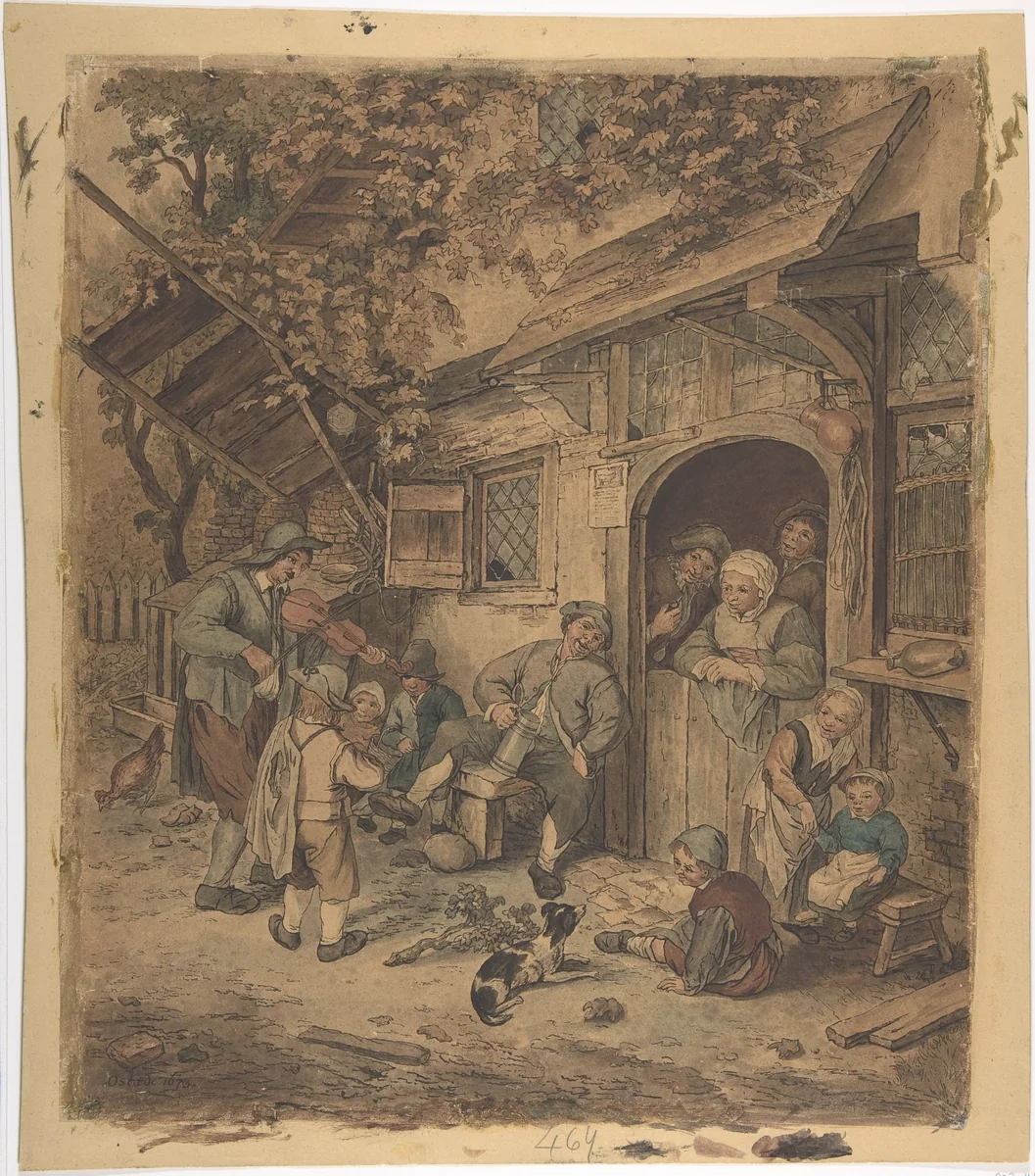 Strolling Violinist at an Ale House Door by Adriaen van Ostade, drawing, 1625-1685
