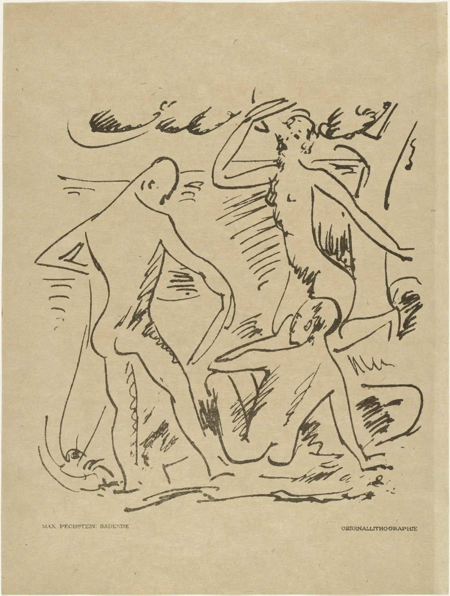 Bathers (Badende) (plate, preceding p. 329) from the periodical Das Kunstblatt, vol. 2, no. 11 (Nov 1918) by Max Pechstein, print, 1918
