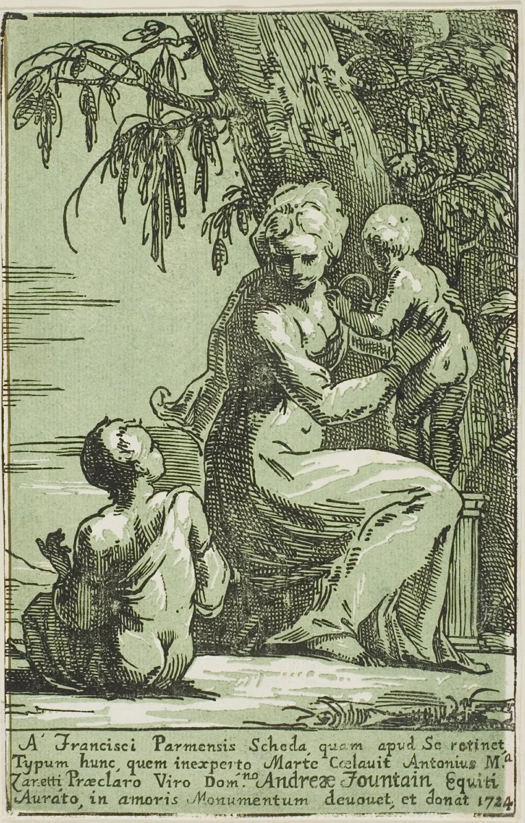 A Woman at the Foot of a Tree Holding a Child by Anton Maria Zanetti, print, 1700-1767
