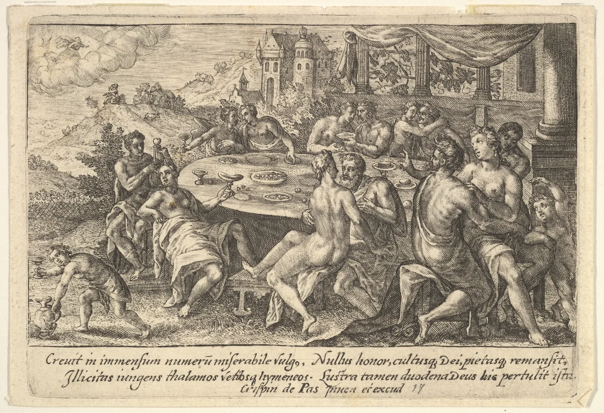Mankind surrendering to lechery before the Flood: embracing couples on benches around a table with food and drink, from "Liber Genesis" by Crispijn de Passe, print, 1612
