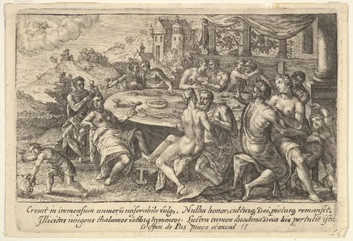 Mankind surrendering to lechery before the Flood: embracing couples on benches around a table with food and drink, from "Liber Genesis" by Crispijn de Passe, print, 1612