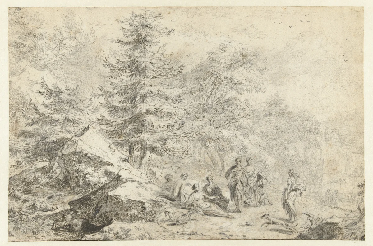 Diana en haar nimfen aan de oever van een meer by Nicolaes Pietersz Berchem, drawing, 1660-1665