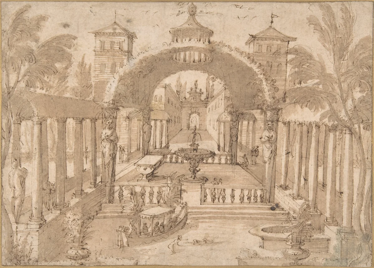 View of the Gardens of a Palace by Lodewijk Toeput, drawing, 1565-1605