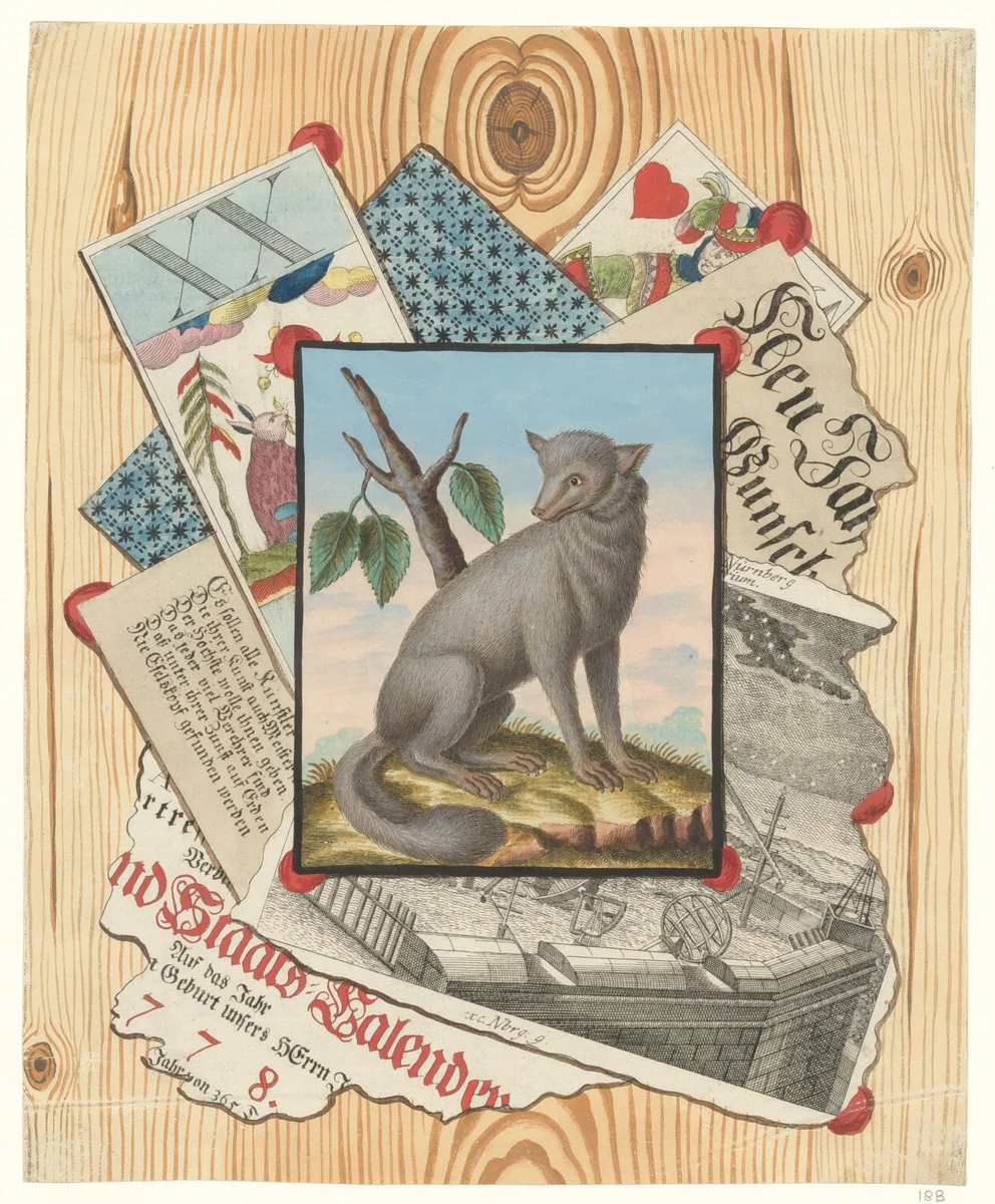 Schijnbedrieger met tekening van een vosachtige, mogelijk een blauwe vos by anonymous, drawing, 1778-1849