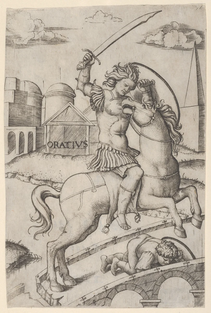Horatius Cocles on horseback, trampling a fallen soldier by Marcantonio Raimondi, print, 1505-1515