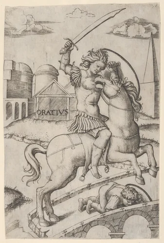 Horatius Cocles on horseback, trampling a fallen soldier by Marcantonio Raimondi, print, 1505-1515