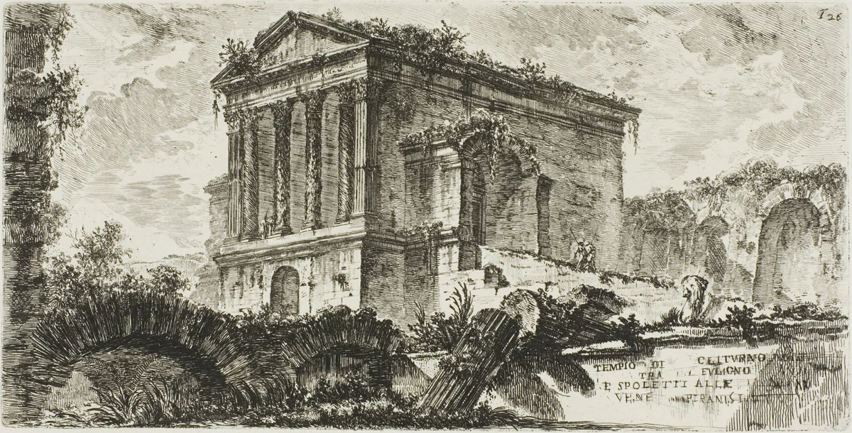 Temple of Clitumnus between Foligno and Spoleto, plate 26 from Some Views of Triumphal Arches and other monuments by Giovanni Battista Piranesi, print, 1748