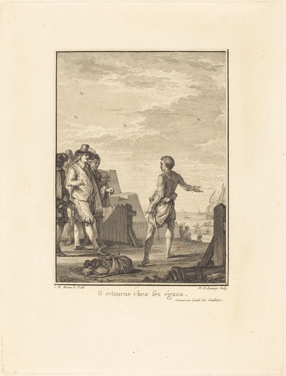 Discours sur l'égalité des conditions: Il retourne chez ses égaux by Nicolas Delaunay; Jean-Michel Moreau the Younger, print, 1778