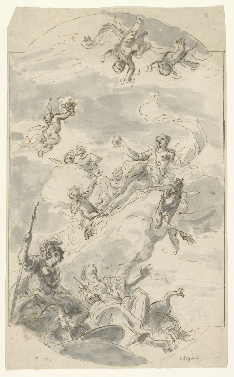 Ontwerp voor een plafondschildering met Venus, Minerva en Juno by Vittorio Maria Bigari, drawing, 1702-1776