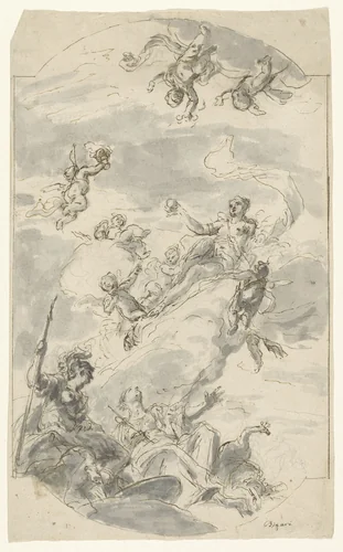 Ontwerp voor een plafondschildering met Venus, Minerva en Juno by Vittorio Maria Bigari, drawing, 1702-1776