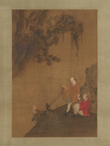 Two Europeans Playing with a Monkey by Unidentified Artist, painting, 1700-1799