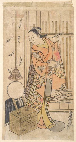 Actor as a Woman Standing by a Mirror Stand by Torii Kiyotada, print, 1725-1745