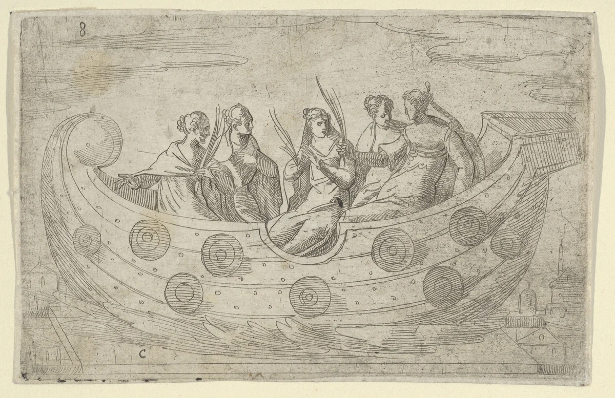 Five women in a boat, holding palm leaves by anonymous, print, 1500-1599