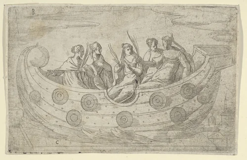 Five women in a boat, holding palm leaves by anonymous, print, 1500-1599