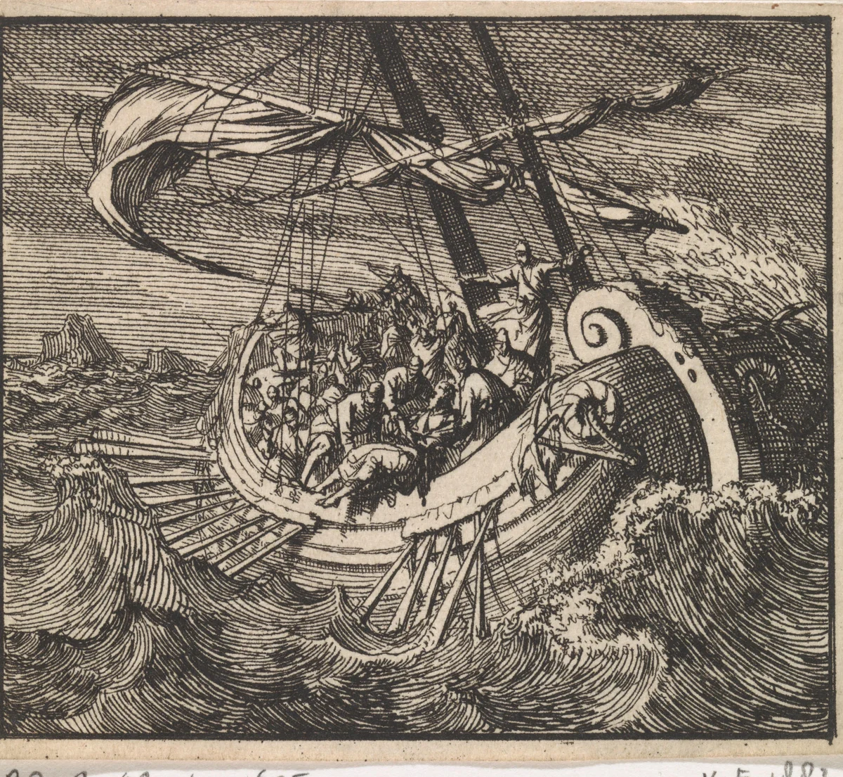 Jona in de storm uit het schip geworpen by Jan Luyken, print, 1698