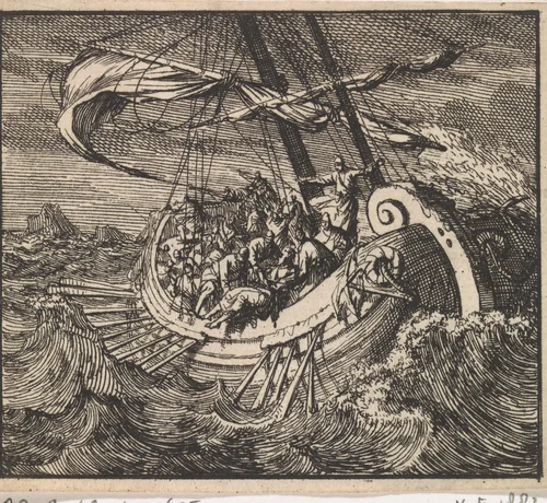 Jona in de storm uit het schip geworpen by Jan Luyken, print, 1698